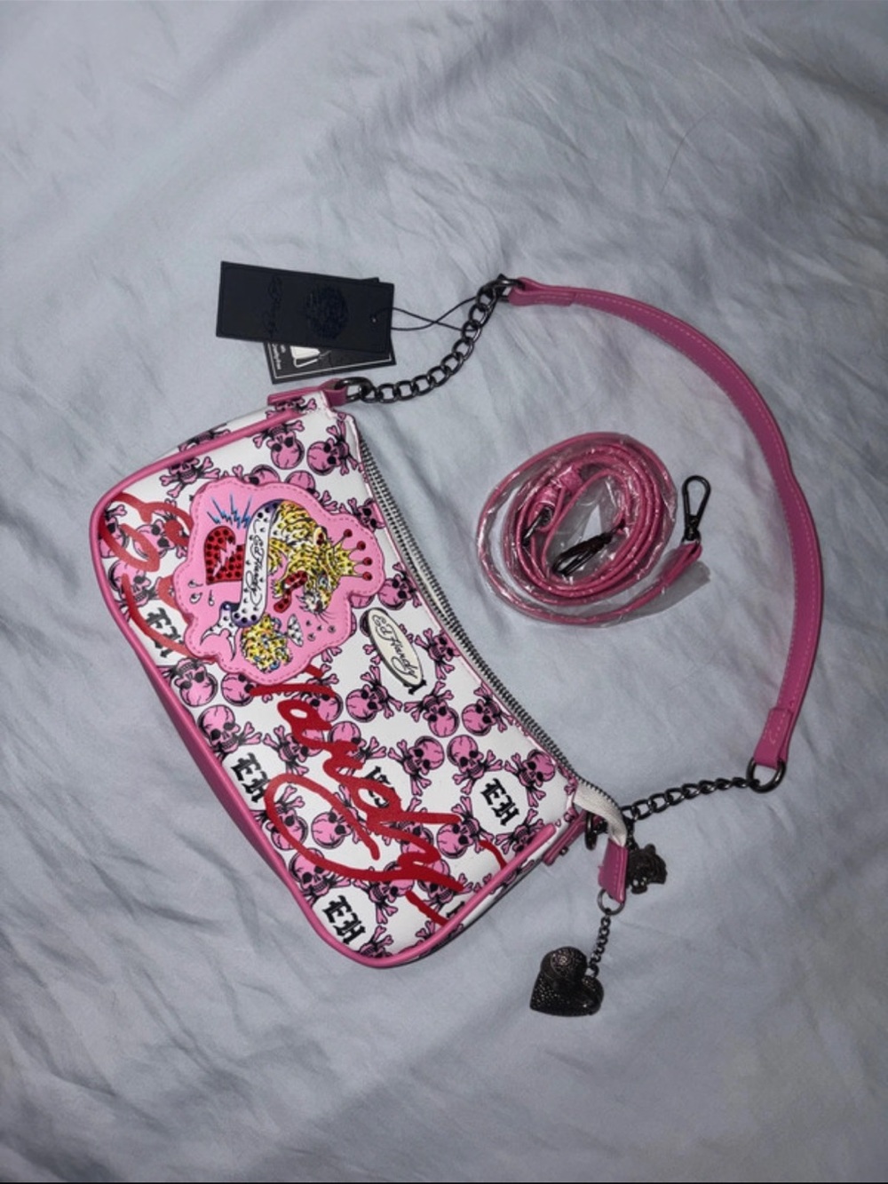 Ed Hardy Rhinestone Tiger Hot Pink White and Black Purse
